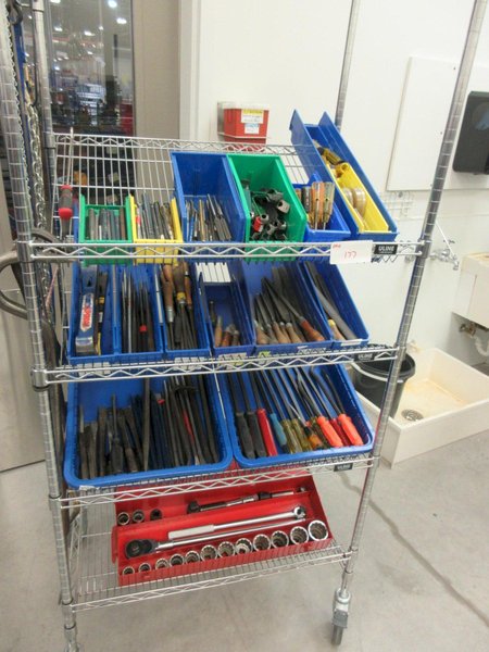 Hand Tools, Large Assortment including 3/4" Drive Socket Set, Pry Bars, Files, Punches and MORE on 4-Shelf Uline 36" x 24" x 78" Metal Wire Rolling Cart- Auction Item