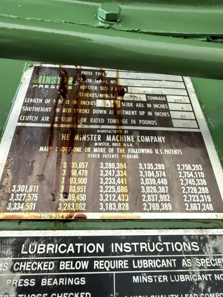 100 TON MINSTER P2-100-48 PIECE MAKER STRAIGHT SIDE HIGH SPEED PRESS: YOBRO #23917