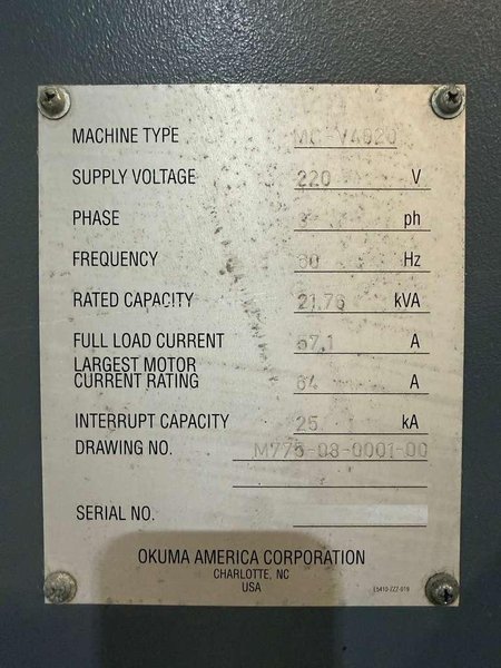 Okuma MC-V4020 CNC Vertical Machining Center – 4th Axis Mill