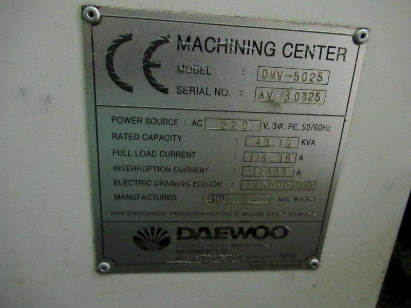 Daewoo DMV-5025 CNC Vertical Machining Center with Fanuc 21i-MB, 24 ATC, 12K RPM, Thru Spindle Coolant, Chip Conveyor- Auction Item