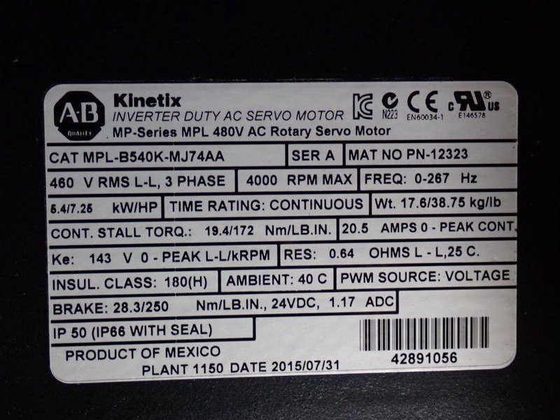 ALLEN-BRADLEY 4000 RPM SERVO MOTOR  -  MPL-B540K-MJ74AA