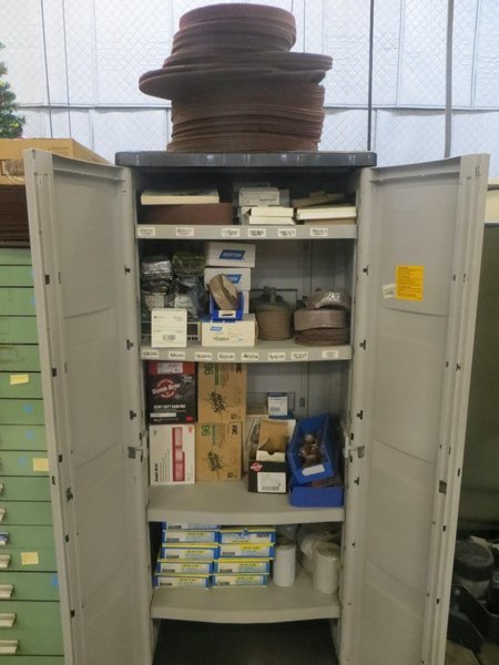 Suncast 2 Door Cabinet with Contents of Scotchbrite Pads Sanding Disks AND More!- Auction Item