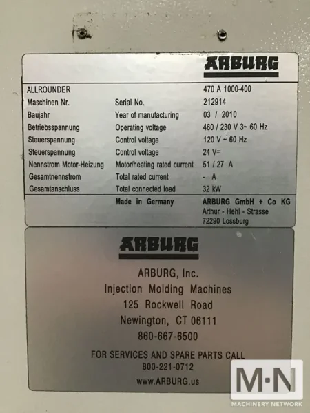 110 TON 8.8 OZ ARBURG MODEL 470A1000-400 SERVO ELECTRIC INJECTION MOLDING MACHINE MFG 2010