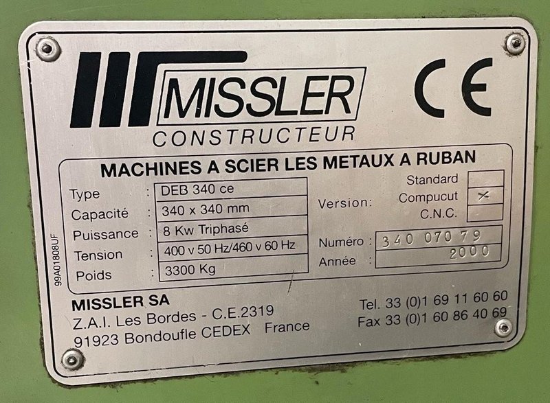 13.4&quot; X 13.4&quot; MISSLER MODEL #DEB-340-CE AUTOMATIC HORIZONTAL BANDSAW, NEW 2000: STOCK #19627