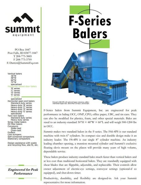 48&quot; x 60&quot; x 30&quot; SUMMIT MODEL #F7-4P HORIZONTAL HYDRAULIC BALER, WITH AUTO TIPPER: YOBRO #24616