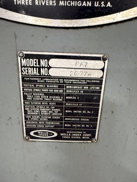 2HP WELLS INDEX MODEL 847 VERTICAL MILL. STOCK #1008025
