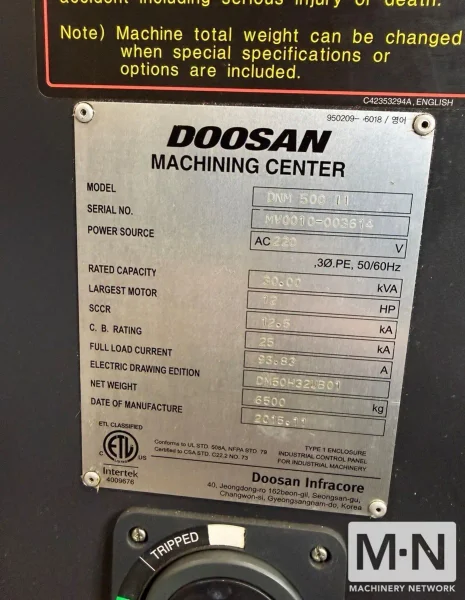 Doosan DNM 500 II CNC Vertical Machining Center, 2015