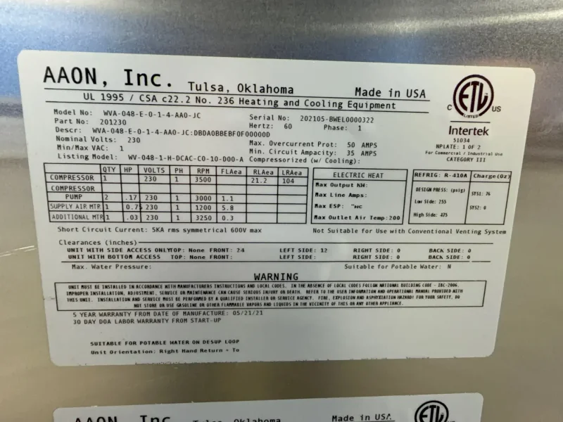 AAON DANDELION HEAT PUMP  -  WVA-048-E-0-1-4-AA0-JC