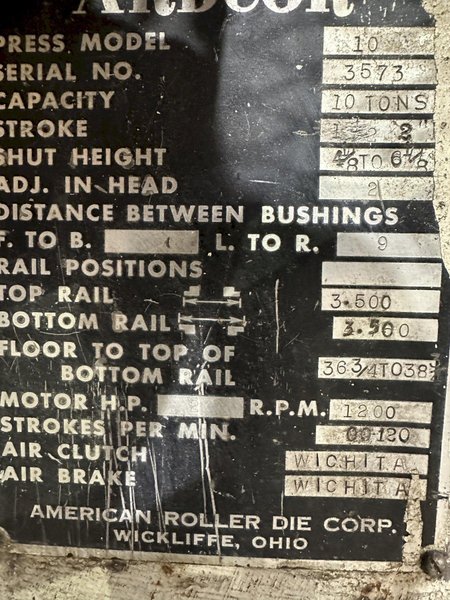 10 TON TISHKEN 4 POST CUT OFF PRESS: STOCK #78006