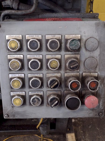 25,000 LB MITCHELL (4) DIE IN LINE TUBULAR CONVEYOR ROLL SHAFT END FORMING MACHINE: STOCK #15296