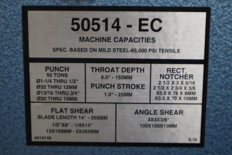 Scotchman 50514-EC 50 Ton Hydraulic Ironworker, Flat Shear, Angle Shear, Brake, Punch, Notcher