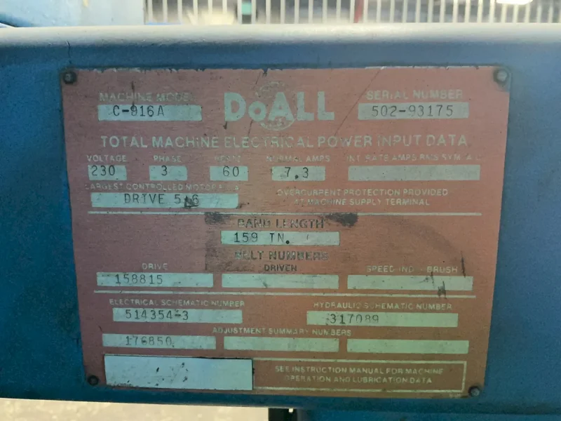 DOALL 20” HORIZONTAL BAND SAW   -  C-916A