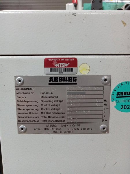 225 Ton 19.9 oz Shot Size Arburg 570C 2000-800 Injection Molding Machine, 2007