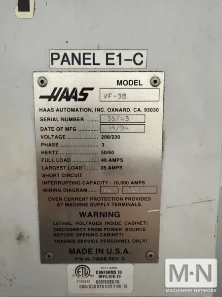 HAAS VF-3B CNC Vertical Machining Center, 2004
