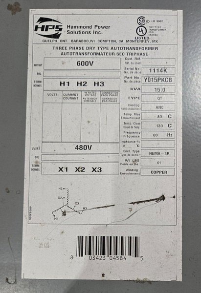 HAMMOND POWER SOLUTIONS Y015PKCB Transformer 600V – 480V, 15 kVa, 3PH USED
