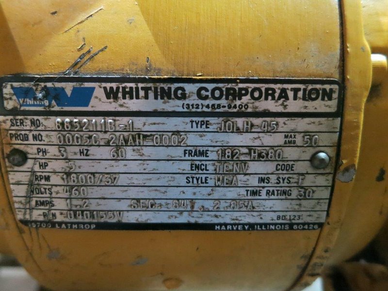 5 TON WHITING TOP RUNNING DOUBLE GIRDER TROLLEY HOIST. STOCK #0318322