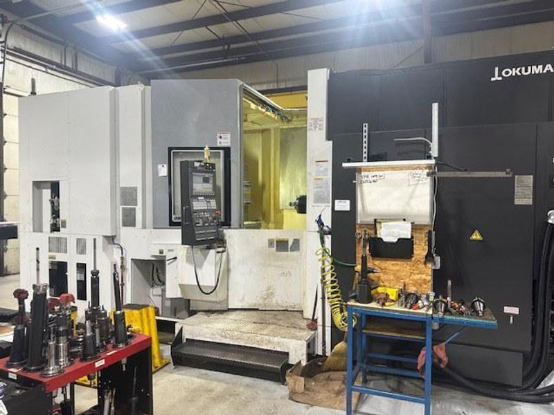 OKUMA MB8000H CNC 4-Axis Horizontal Machining Center, 2017;  31.5&quot; x 31.5&quot; pallets, 12,000 RPM spindle, 4,400 lb cap., travels 51.18&quot; x 43.3&quot; x 49.21&quot;, OSP P300M CNC. 171 Pos. ATC, Renishaw tool detection and chip conveyor, 50 hp