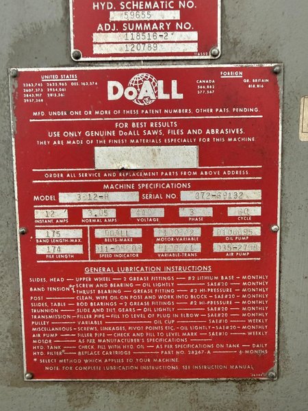 36" DOALL 3612-H VERTICAL BANDSAW. STOCK # 0217526.