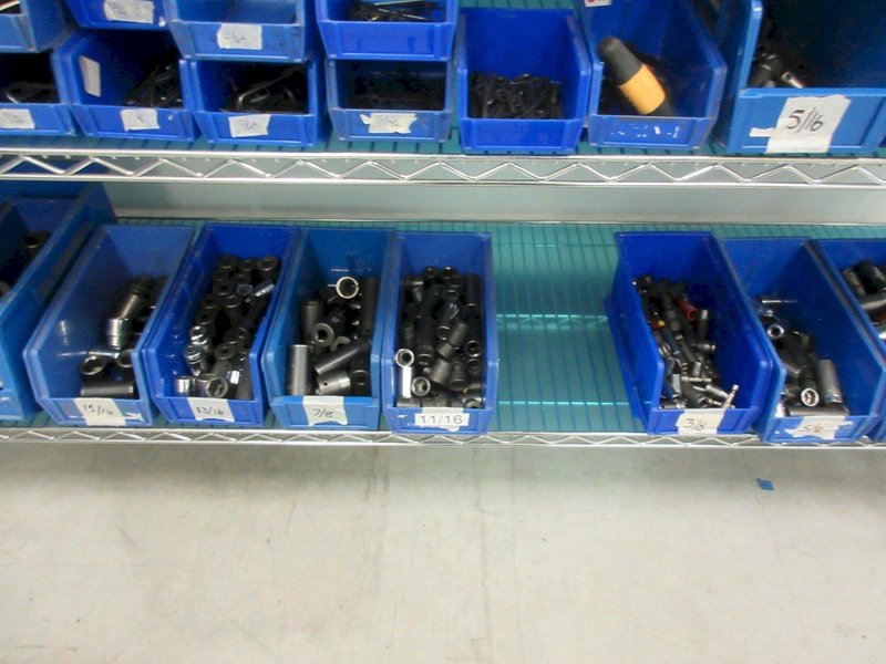 Hand Tools, Large Assortment including Sockets, Driver Head, T-Handle Allen Wrenches and MORE on Uline 6-Shelf 72" x 18" x 78" Metal Wire Rolling Cart- Auction Item