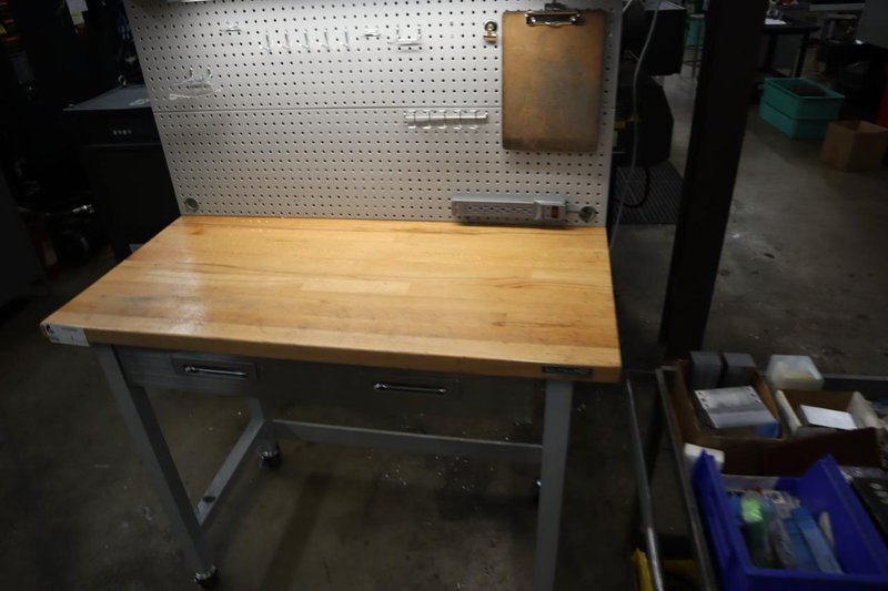 Portable Work Bench with Maple Top, Upper Shelf, Drawer, Work light- Auction Item