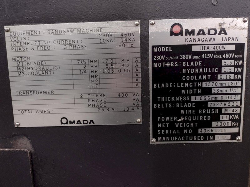 16&quot; X 16&quot; AMADA MODEL #HFA-400W AUTOMATIC HORIZONTAL BANDSAW: STOCK #15398