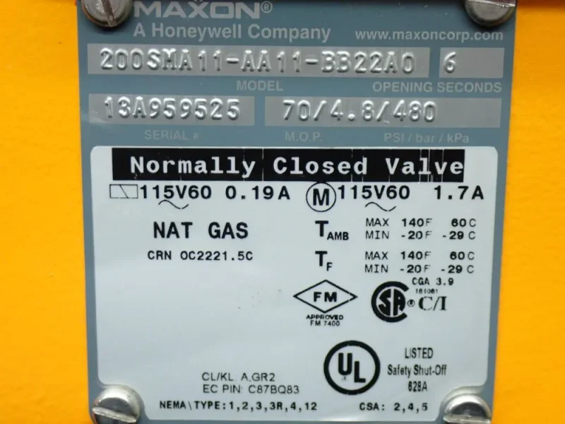 MAXON AUTOMATIC GAS SHUT OFF VALVE  -  200SMA11-AA11-BB22A0