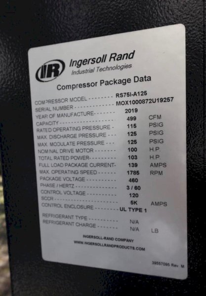 100 HP INGERSOLL-RAND MODEL RS75i-A125 ROTARY SCREW AIR COMPRESSOR W/ AIR DRYER: YOBRO #25976