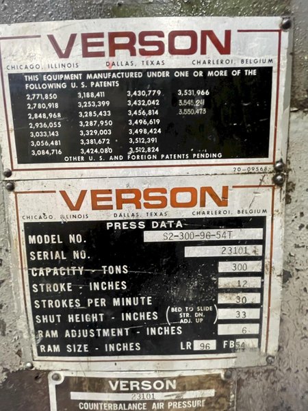 300 Ton Verson S2-300-96-54t Used Straight Side Mechanical Metal Stamping Press For Sale