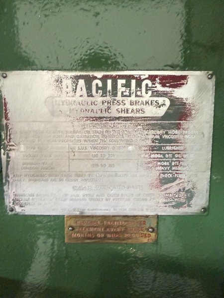 6' X 3/4" PACIFIC HYDRAULIC PLATE SHEAR. STOCK # 0665625