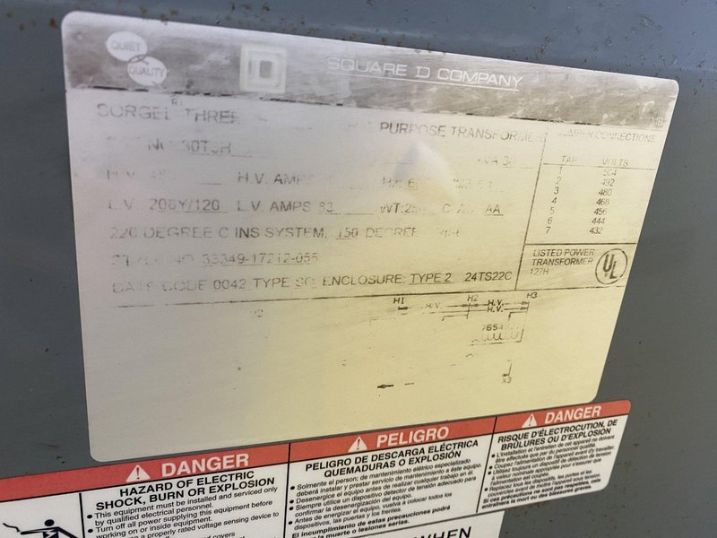 30 KVA SQUARE D 480 - 208Y/120 VOLT ELECTRICAL TRANSFORMER: STOCK 18911