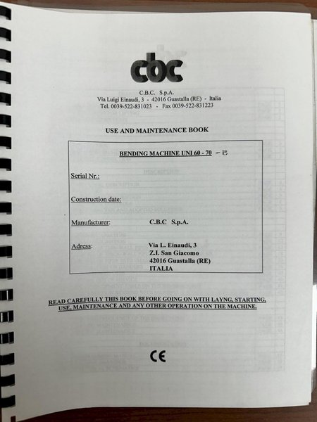 2-1/8&quot; CBC ALTA TECHNOLOGIA MODEL #UNI-70C ELECTRIC TUBE BENDER W/ MANDREL TABLE: YOBRO #23826
