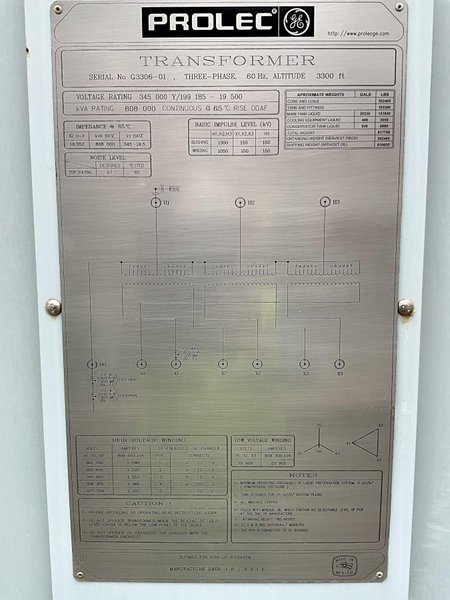 now available New never in service Prolec three phase transformer 808000 kva, 345000y/199185 hv, 19500 lv, class odaf