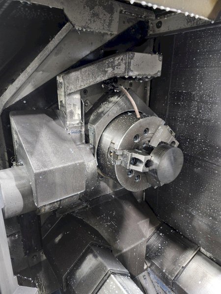 Mazak Multiplex 6200 Twin Spindle Lathe, Mazatrol 640 Ctrl., Mazak Fles GL100F Loader, 12 Pos. x2 Turret, 25HP, New 2000 (Avail. 8-25)