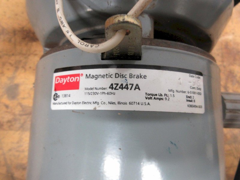 DAYTON AC Gearmotor Model 6Z400: Parallel, Single Output Shaft, Split-Phase, TEFC, 8.5 RPM, 974 in-lb Max Torque with Dayton 4Z447A Magnetic Disc Brake- Auction Item