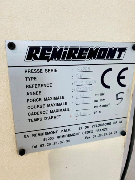 20 TON REMIREMONT PHC20VAR C FRAME HYDRAULIC PRESS. STOCK # 1266020