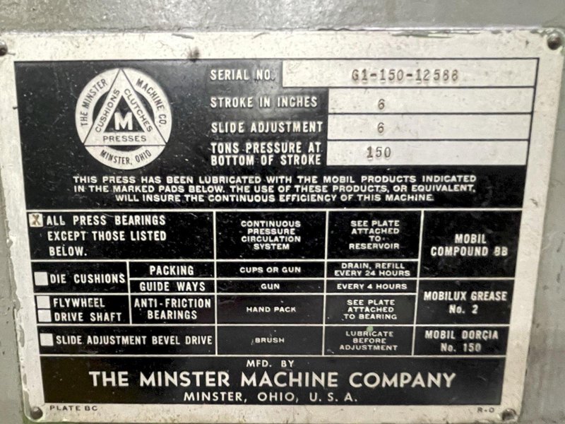 150 ton Minster G1-150 OBI Mechanical Metal Stamping Press For Sale, Variable Speed, Under Power!