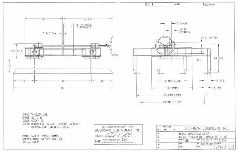 10,000 LB (5 TON) X 84" LONG X 36" TO 60" BUSHMAN MODEL #5600 MECHANICAL SHEET LIFTER