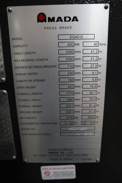 Amada EG-4010 CNC Press Brake, Electric Servo Drive, Down-Acting, AMNC 3i CNC Control, NEW 2019