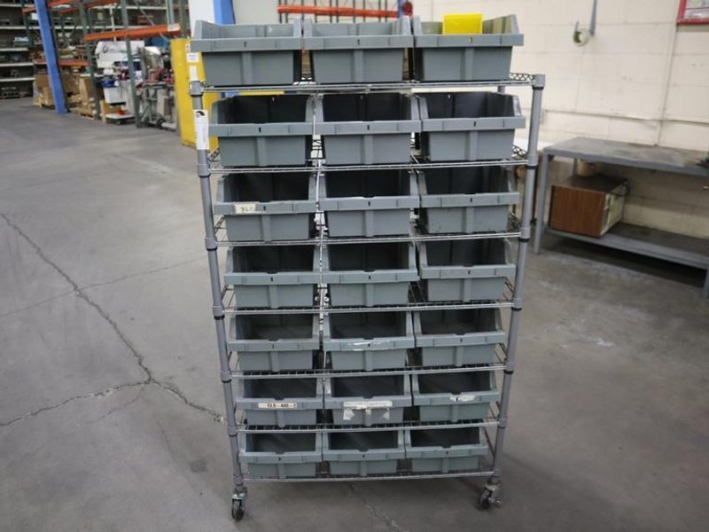 Rolling Wire Rack, (7) Shelves with Plastic Bins 36"x14"x55"- Auction Item