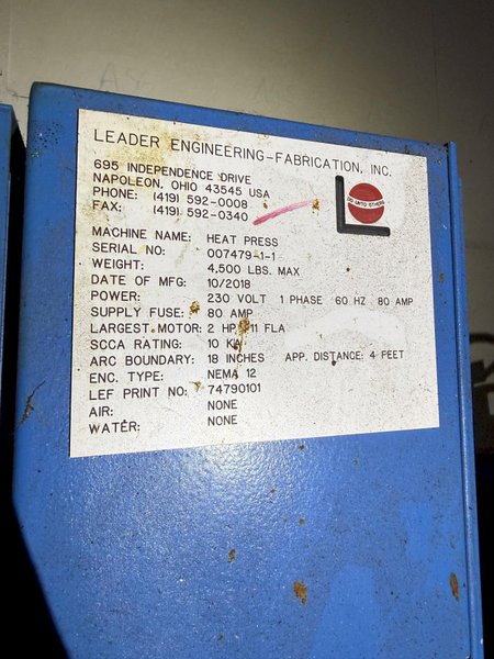 3,000 PSI LEADER ENGINEERING FABRICATION HEAT PRESS. STOCK #0432026
