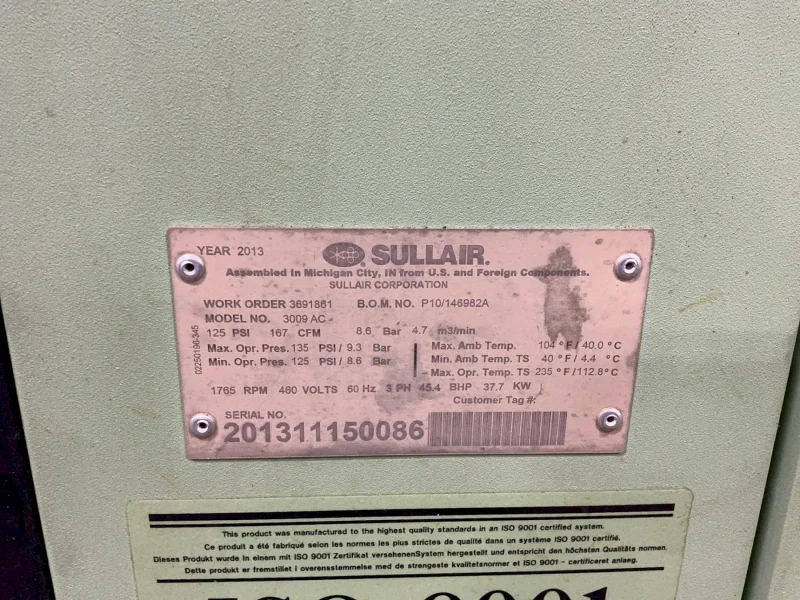 SULLAIR 37.7 KW AIR COMPRESSOR  -  3009 AC