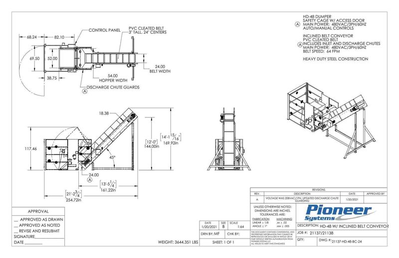Pioneer Systems HD-48 Dumper with Conveyor #1, 2021 – Never Used, 24″ Inclined Cleats, 2 Year Manufacturer Warranty