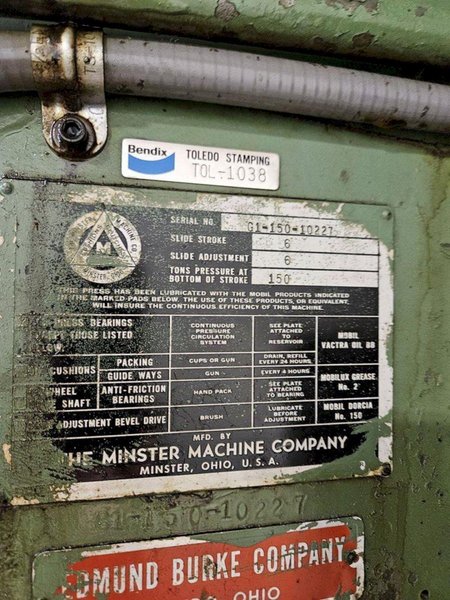150 TON MINSTER G-150 GEARED OBI PRESS. STOCK # 1219125