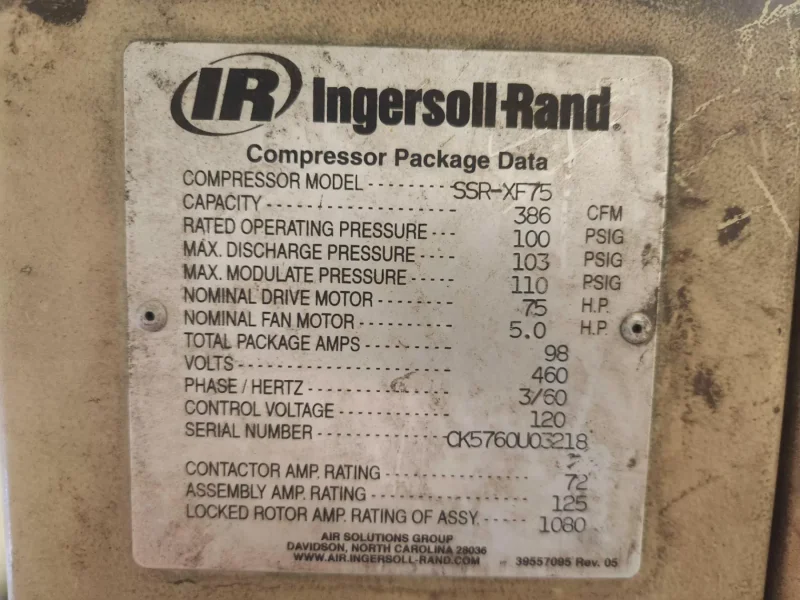 INGERSOLL-RAND MODEL #SSR-XF75 AIR COMPRESSOR: YOBRO #25149