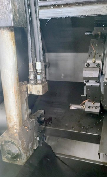 FUJI TNW-35TR 6-AXIS TWIN SPINDLE LIVE TOOL LATHE W/ GANTRY LOADER, 2007- Twin Turrets, 8″ Chucks x2