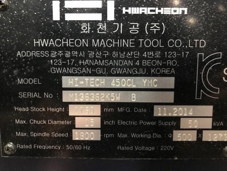 Hwacheon Hi-Tech 450CLYMC CNC Lathe, New 2015