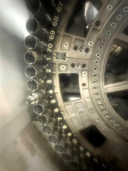 Haas EC-500 Horizontal Machining Center 2014 equipped with Haas CNC Control, CT40 Spindle, 70 Station Automatic Tool Changer, 4th Axis, Probing, Tomb Stones, TSC, Remote Hand Jog, Chip Conveyor, Coolant Pump