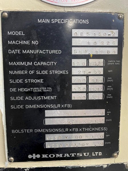 150 ton Komatsu Model OBS 150-2 Used Single Point Mechanical Metal Stamping Gap Frame Press For Sale, Year 1984