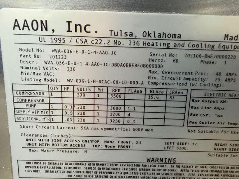 AAON DANDELION HEAT PUMP  -  WVA-036-E-0-1-4-AA0-JC