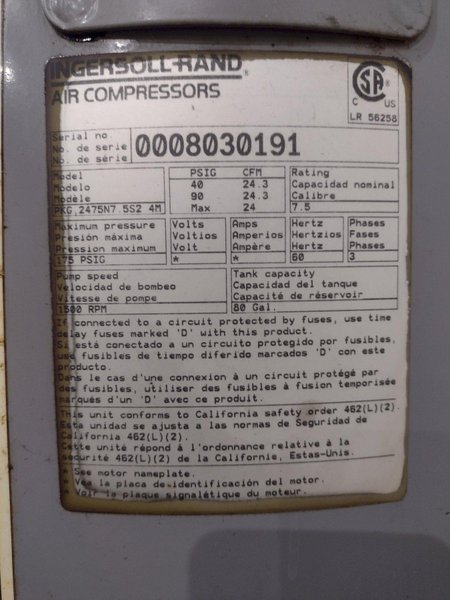 5 HP INGERSOLL RAND MODEL #PKG 2475NS 5S2 4M 175 PSIG VERTICAL TANK RECIPROCATING AIR COMPRESSOR &amp; HANKIINSON AIR DRYER: YOBRO 26151